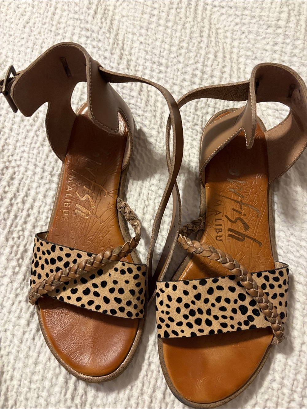 Braided Leopard-Print Tan Ankle-Strap Flats by